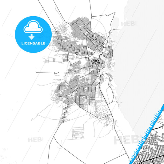 Port Sudan, Sudan light map with streetnames, citynames and districts