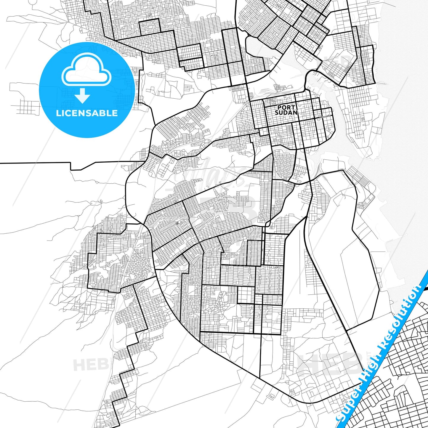 Port Sudan, Sudan Light Map with Street Names, City Names, and Districts