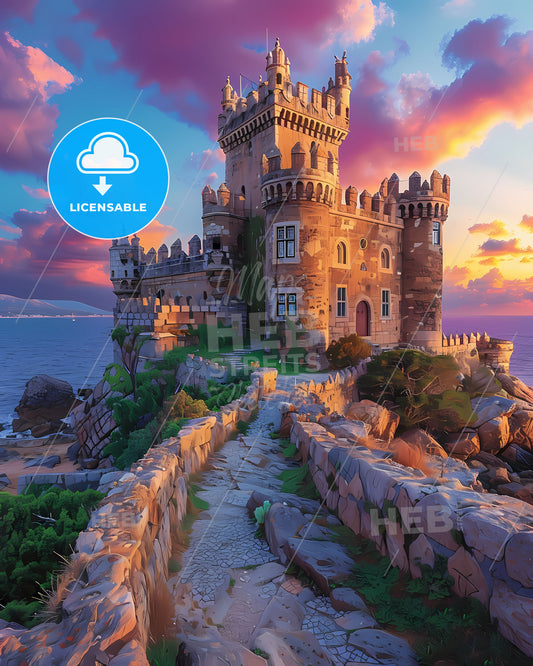 Artistic Painting of a Majestic Castle on a Cliffside Island in Portugal, Europe