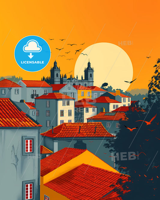 Vibrant Portuguese Cityscape Art Depicting Red-Roofed Buildings and Soaring Birds