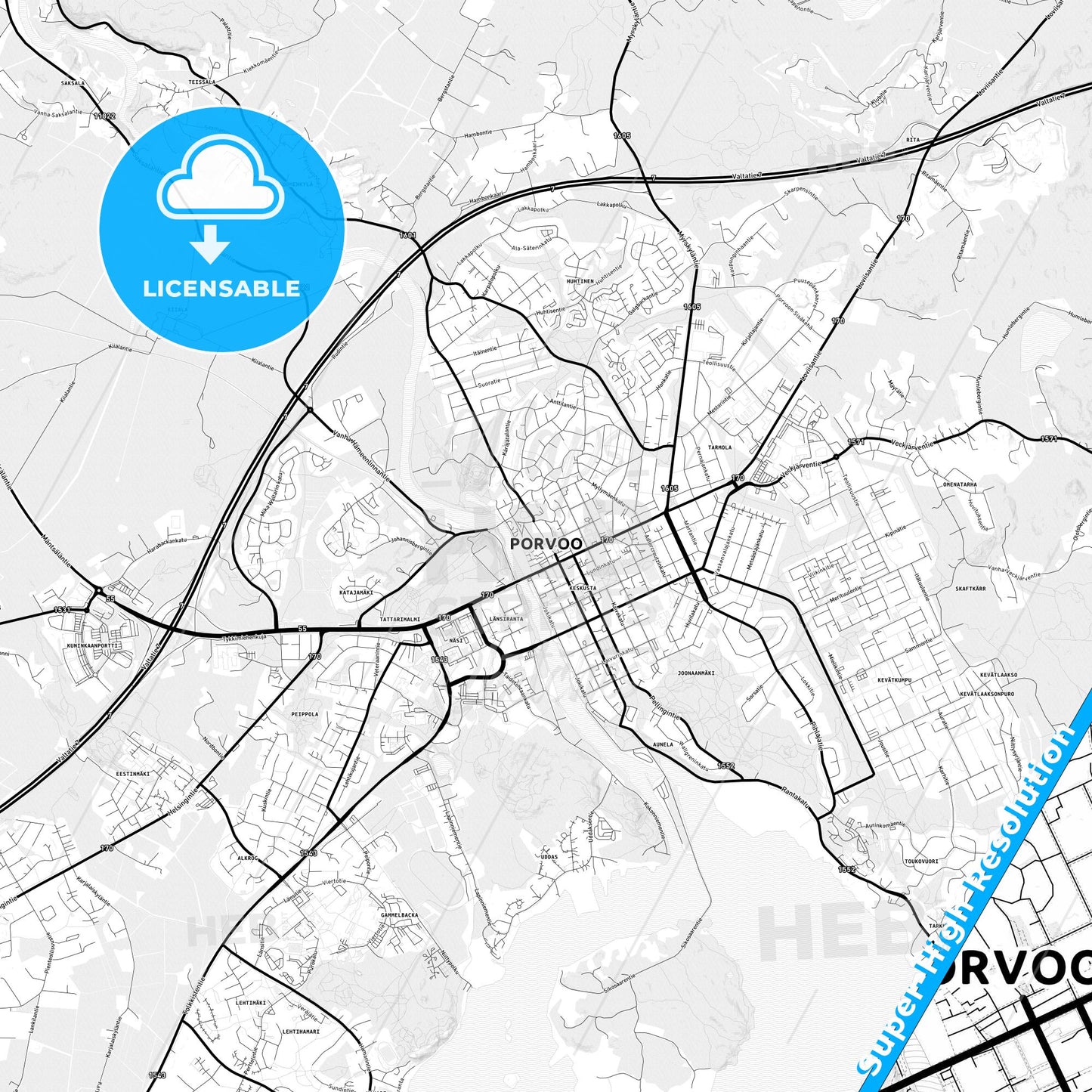 Porvoo, Finland Light Map with Street Names, City Names, and Districts
