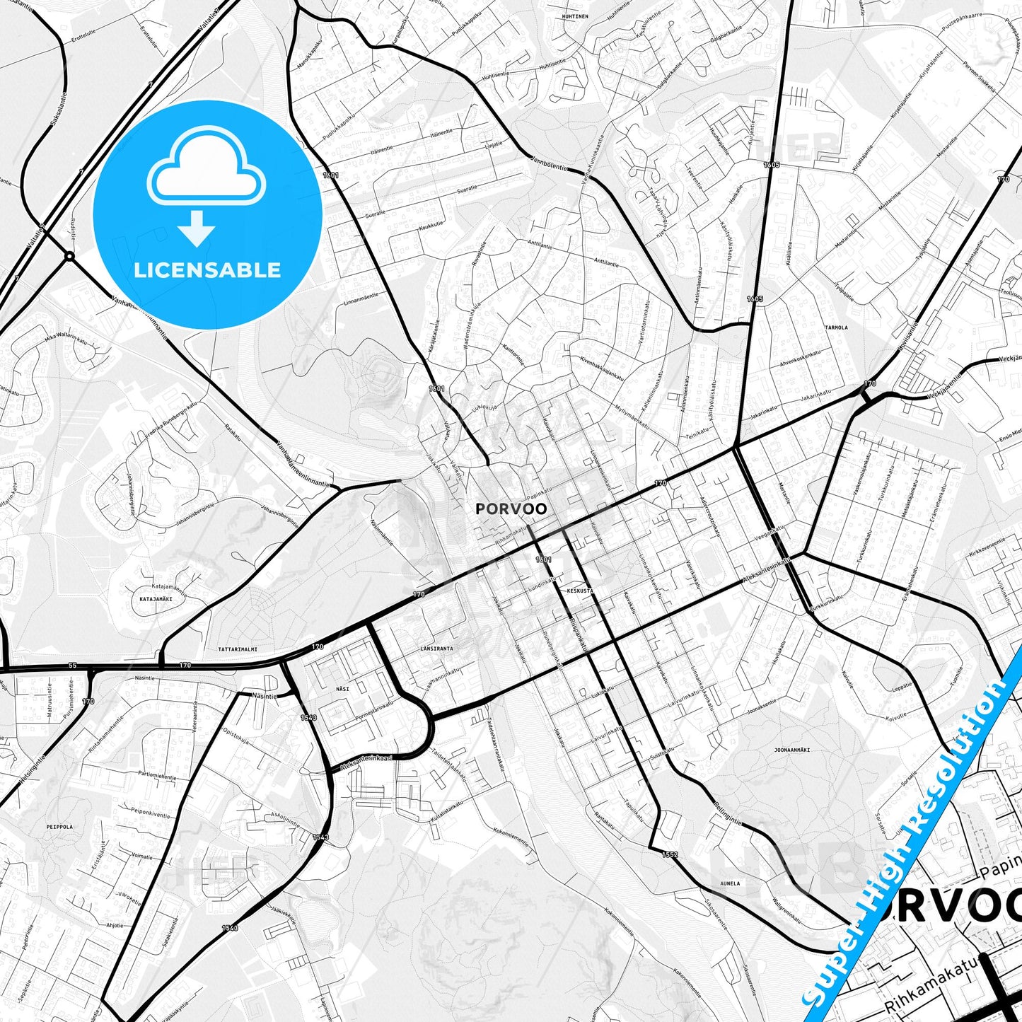 Porvoo, Finland Light Map with Street Names, City Names, and Districts