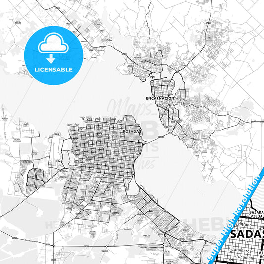Posadas, Argentina light map with streetnames, citynames and districts