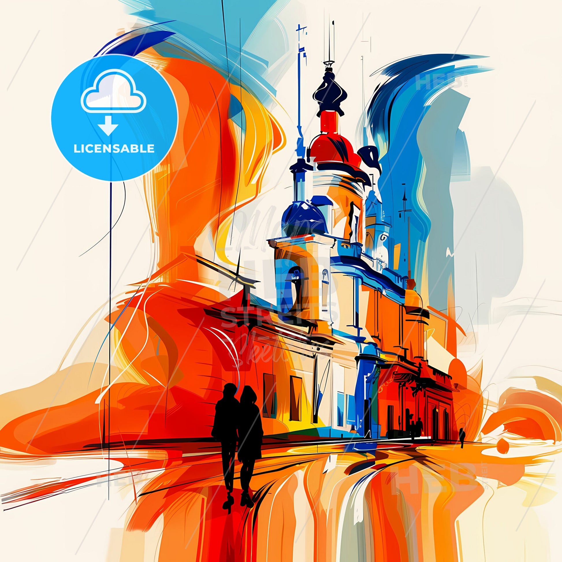 Vibrant Posadas, Argentina - A Painting Of A Building With A Couple Of People Walking