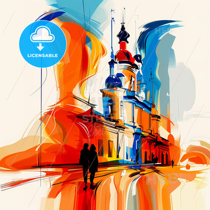 Vibrant Posadas, Argentina - A Painting Of A Building With A Couple Of People Walking