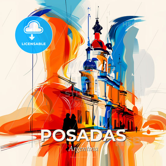 Vibrant Posadas, Argentina - A Painting Of A Building With A Couple Of People Walking - Square format print template