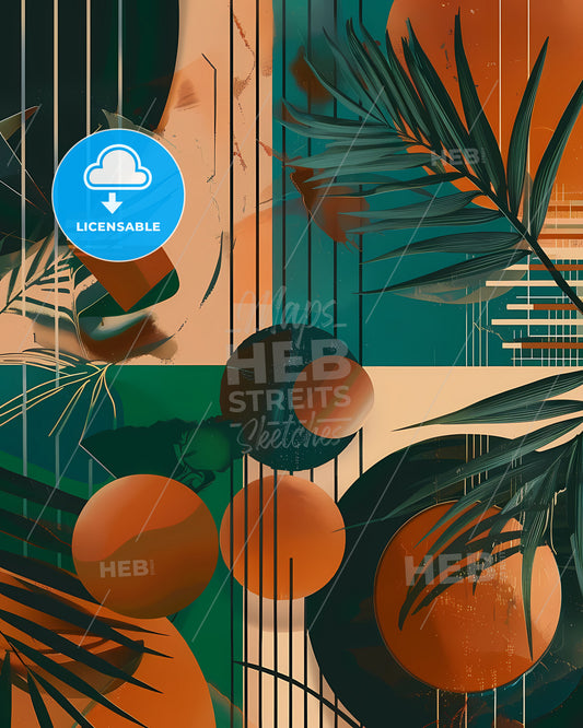 Abstract Art Painting with Palm Leaves and Circles, Modern Wall Art Decor for Living Room, Office, or Bedroom