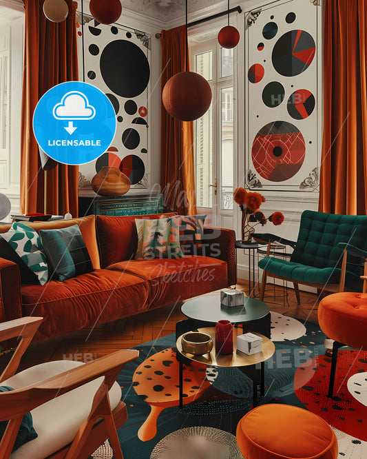 Abstract Art Poster: Striking Orange and Black Decor in Modern Living Room