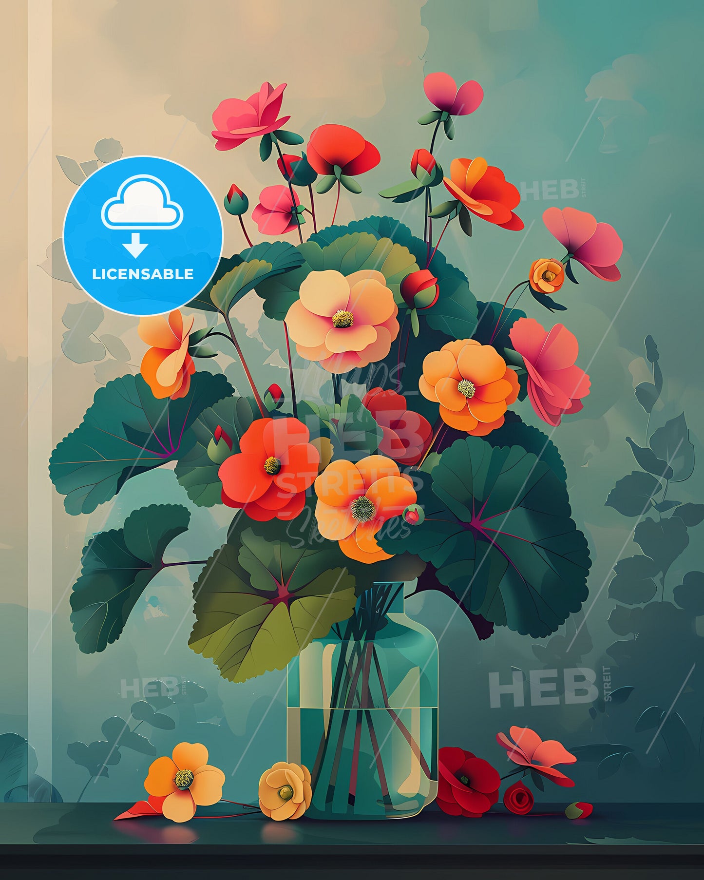 Expressive painting of vibrant begonia flowers in a simple vase, showcasing the beauty of nature in a minimalist masterpiece