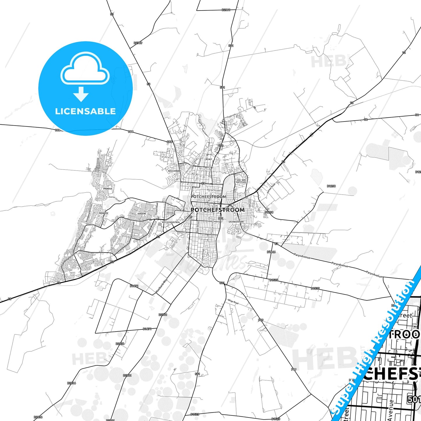 Potchefstroom, South Africa light map with streetnames, citynames and districts