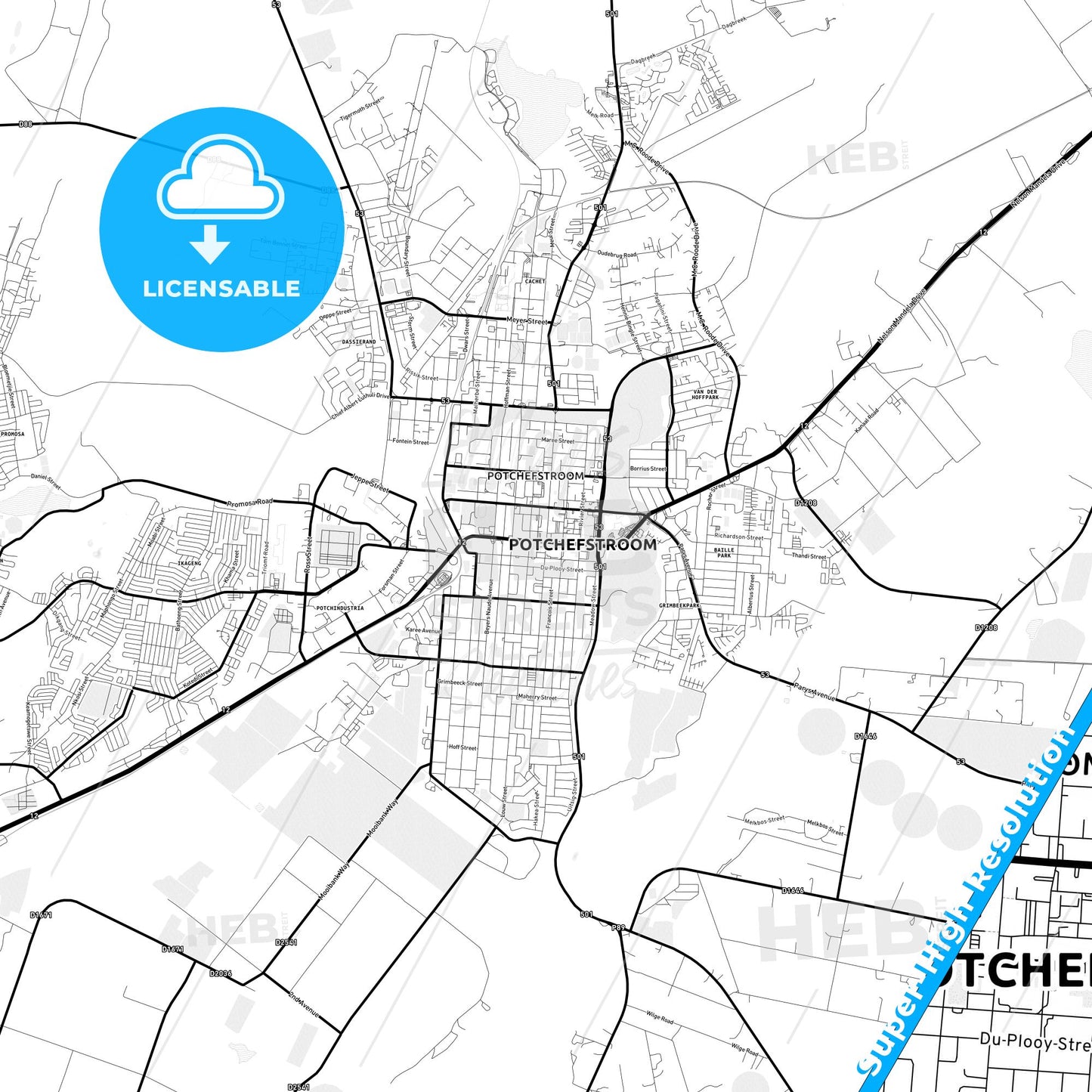 Potchefstroom, South Africa Light Map with Street Names, City Names, and Districts