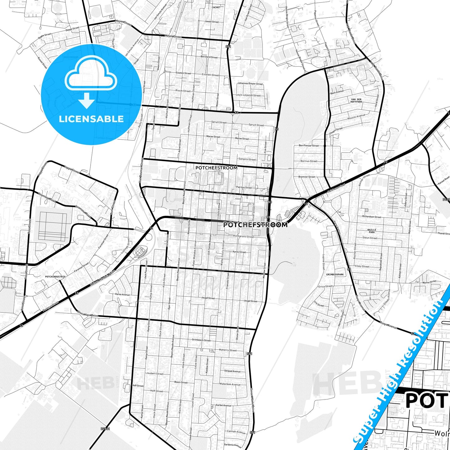 Potchefstroom, South Africa Light Map with Street Names, City Names, and Districts