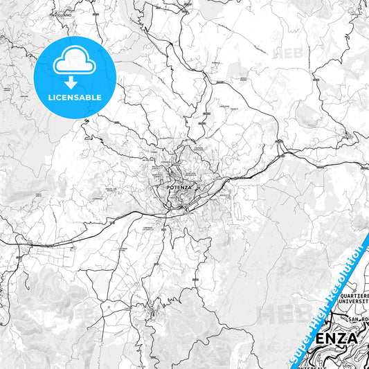 Potenza, Italy light map with streetnames, citynames and districts