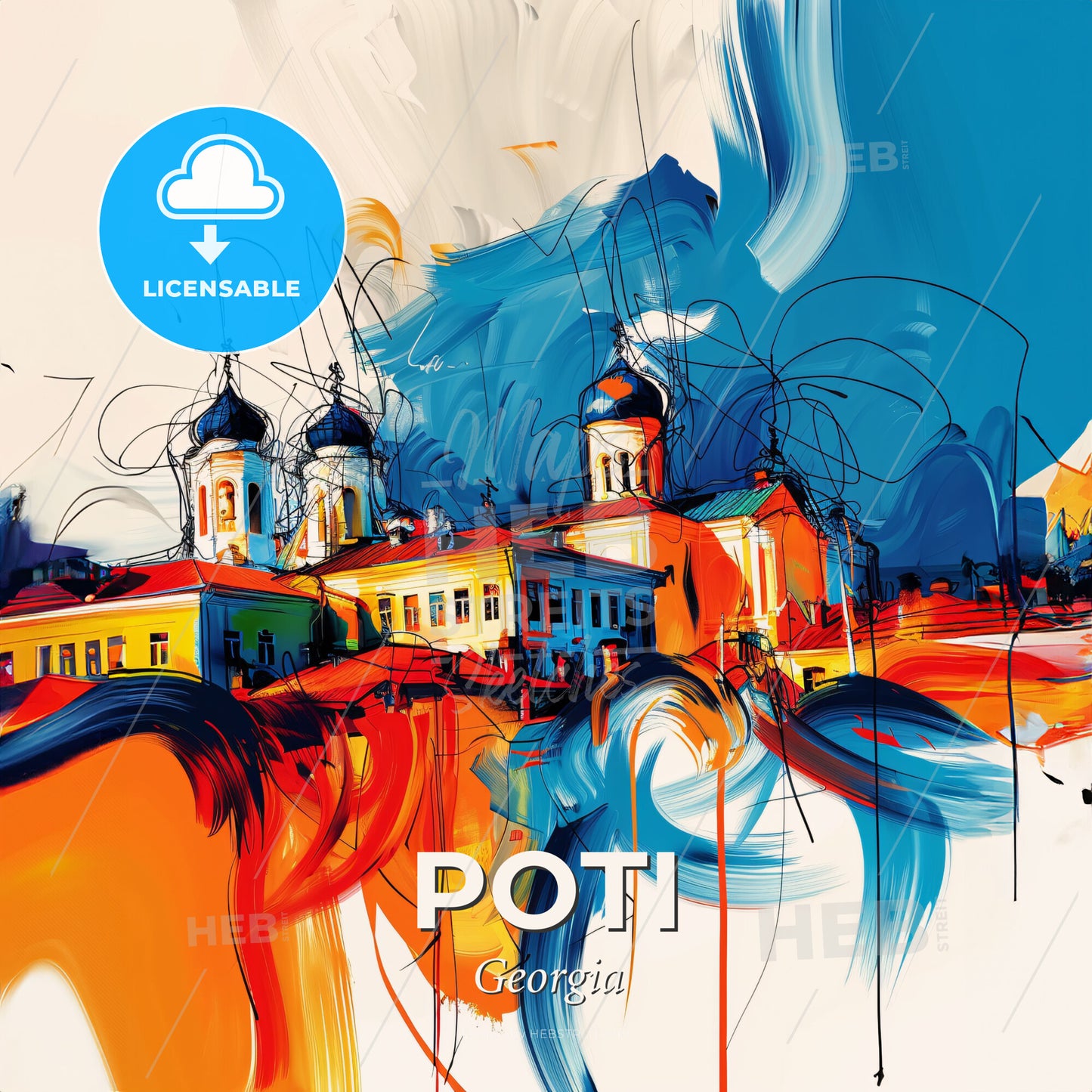 Vibrant Poti, Georgia - A Painting Of A Building With A Blue And Orange Background - Square format print template
