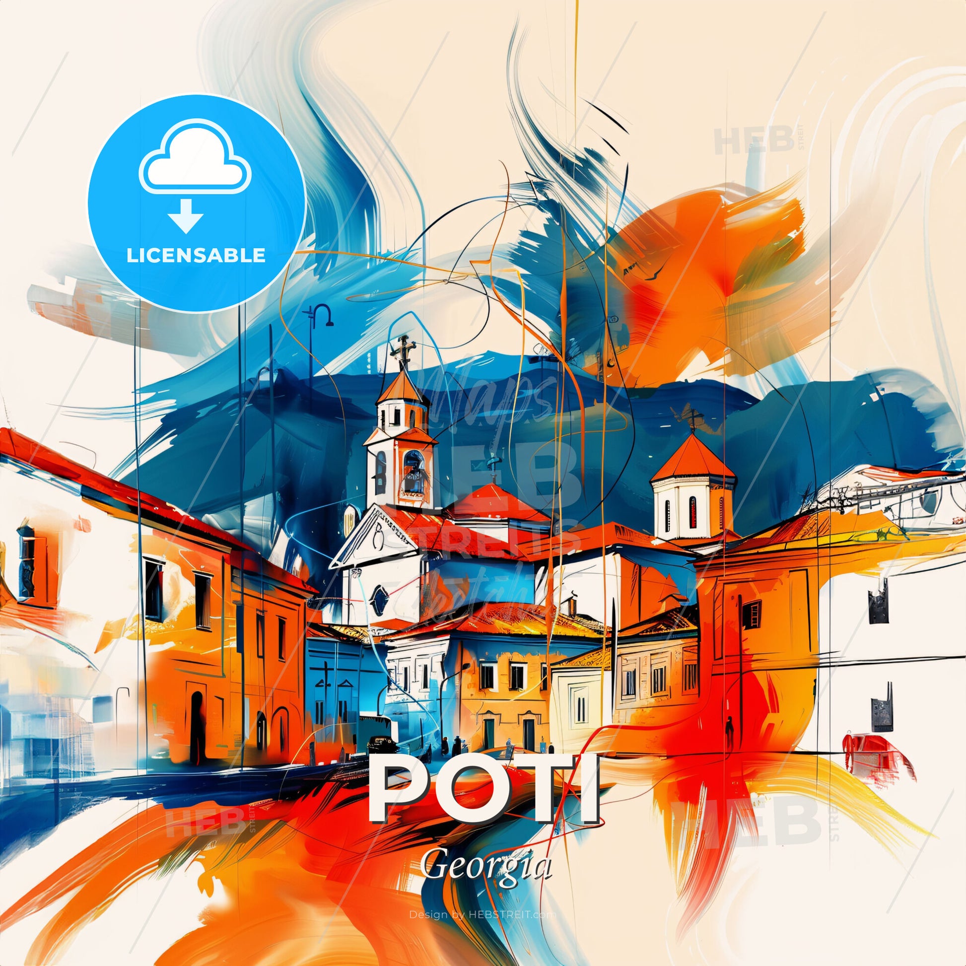 Vibrant Poti, Georgia - A Painting Of A Building With A Steeple - Square format print template