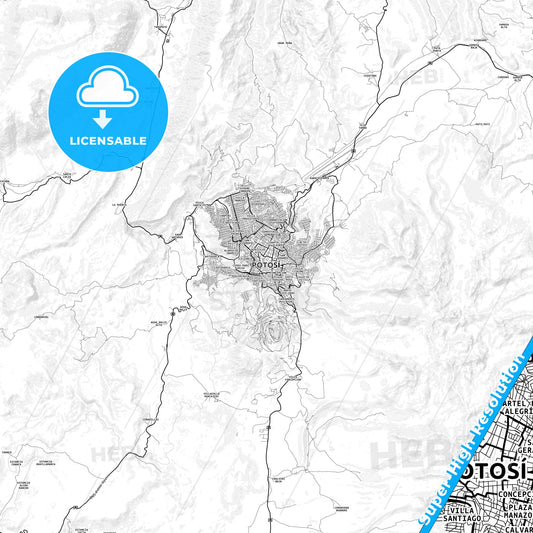 Potosi, Bolivia light map with streetnames, citynames and districts