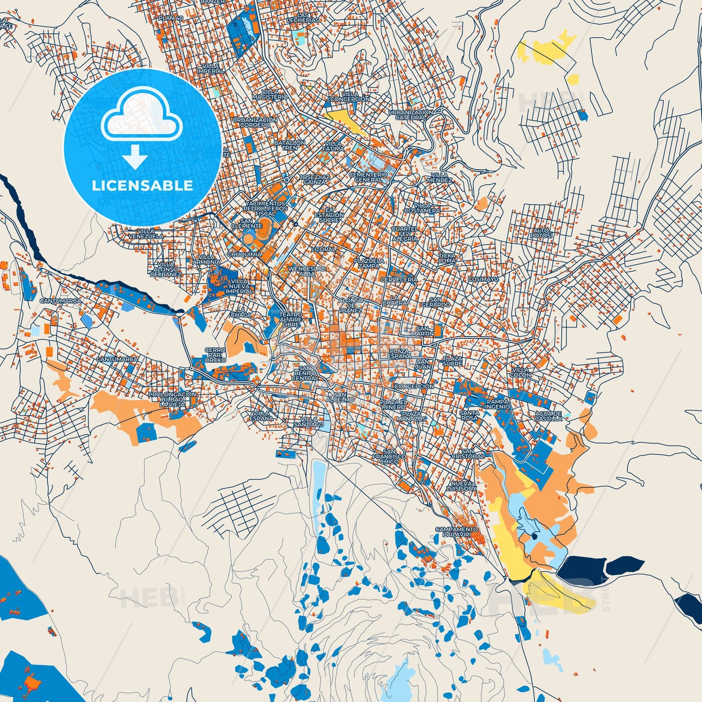 Colorful Potosi Street Map with Labels and Buildings
