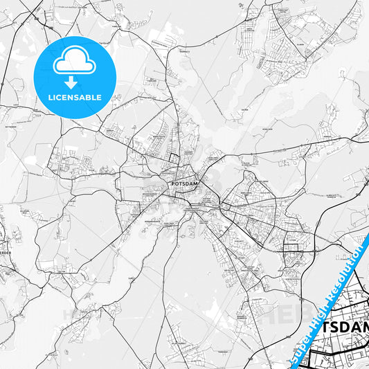 Potsdam, Germany light map with streetnames, citynames and districts