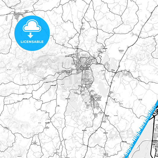 Pouso Alegre, Brazil light map with streetnames, citynames and districts