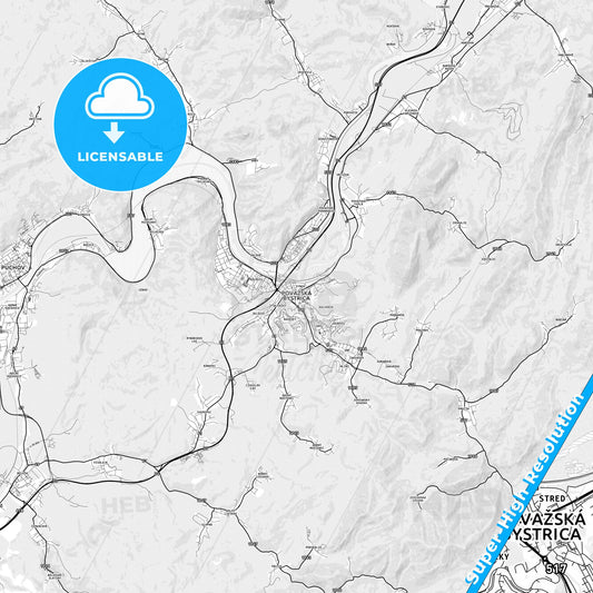 Považská Bystrica, Slovakia light map with streetnames, citynames and districts