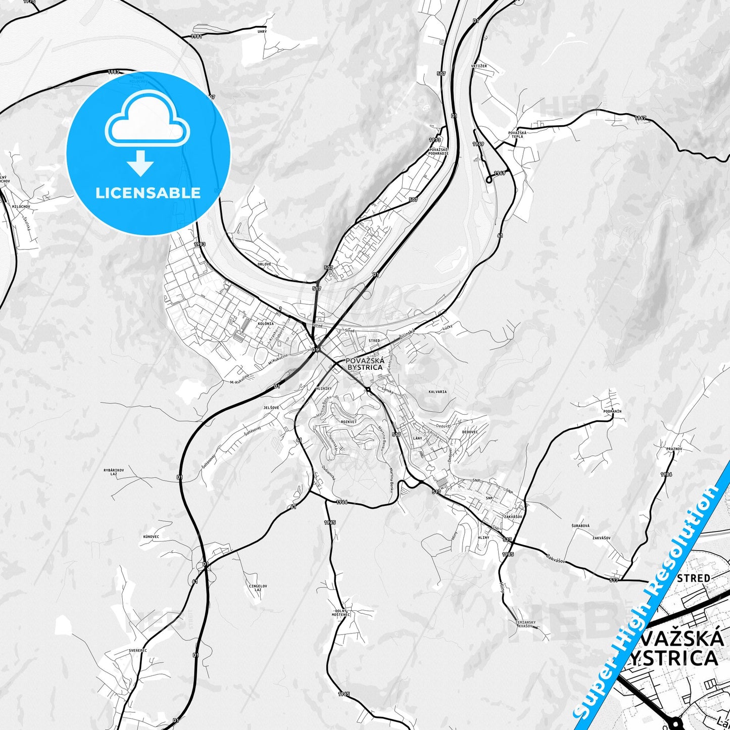 Považská Bystrica, Slovakia Light Map with Street Names, City Names, and Districts