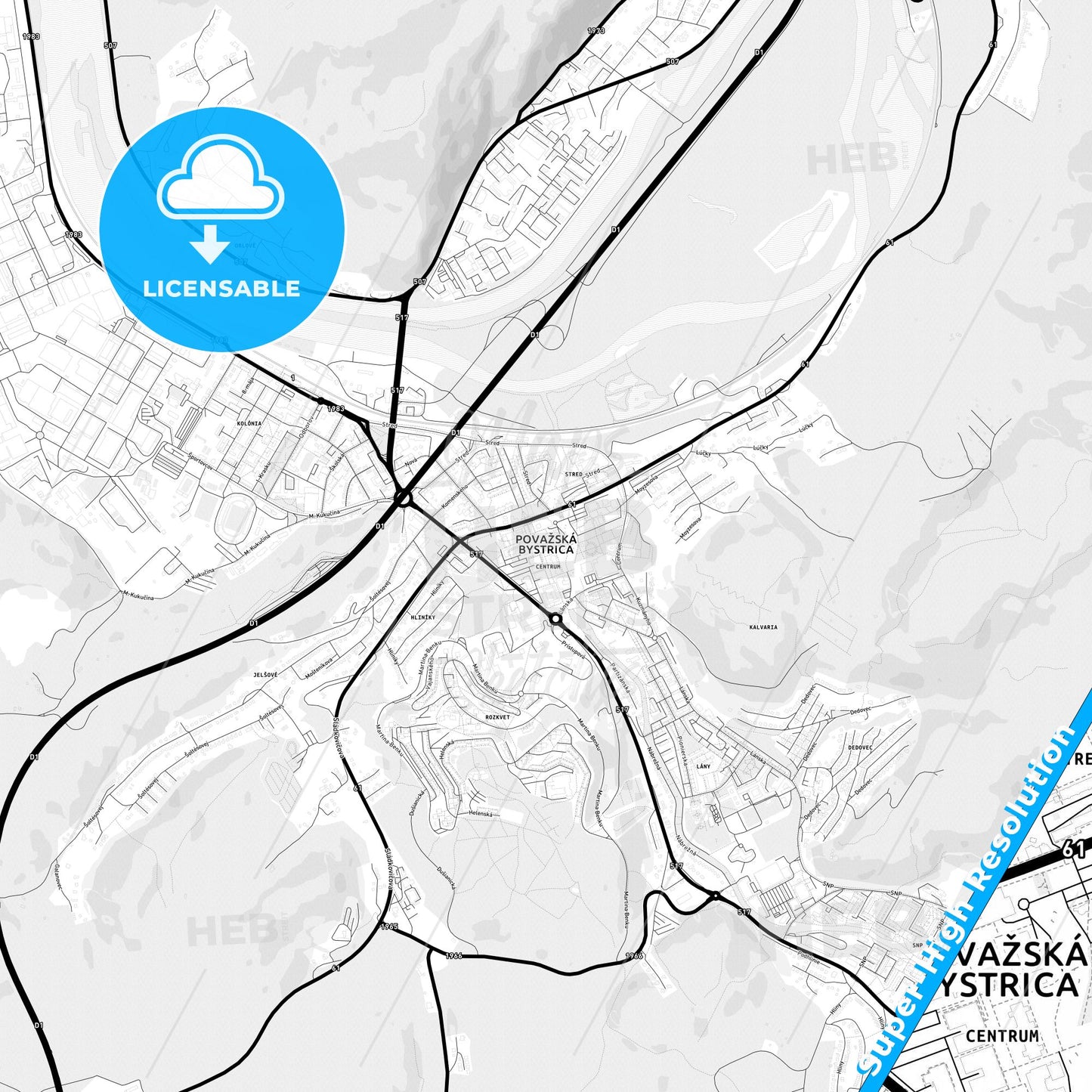Považská Bystrica, Slovakia Light Map with Street Names, City Names, and Districts