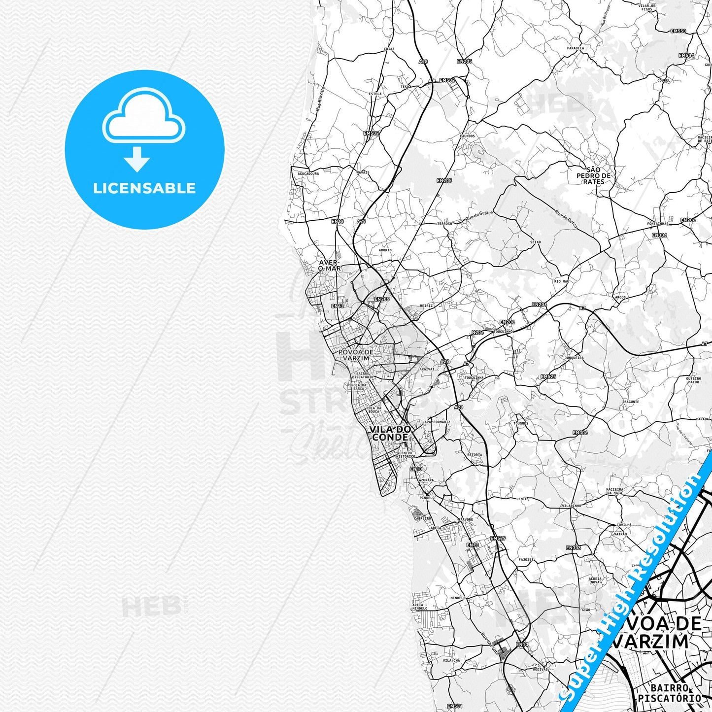 Póvoa de Varzim, Portugal light map with streetnames, citynames and districts