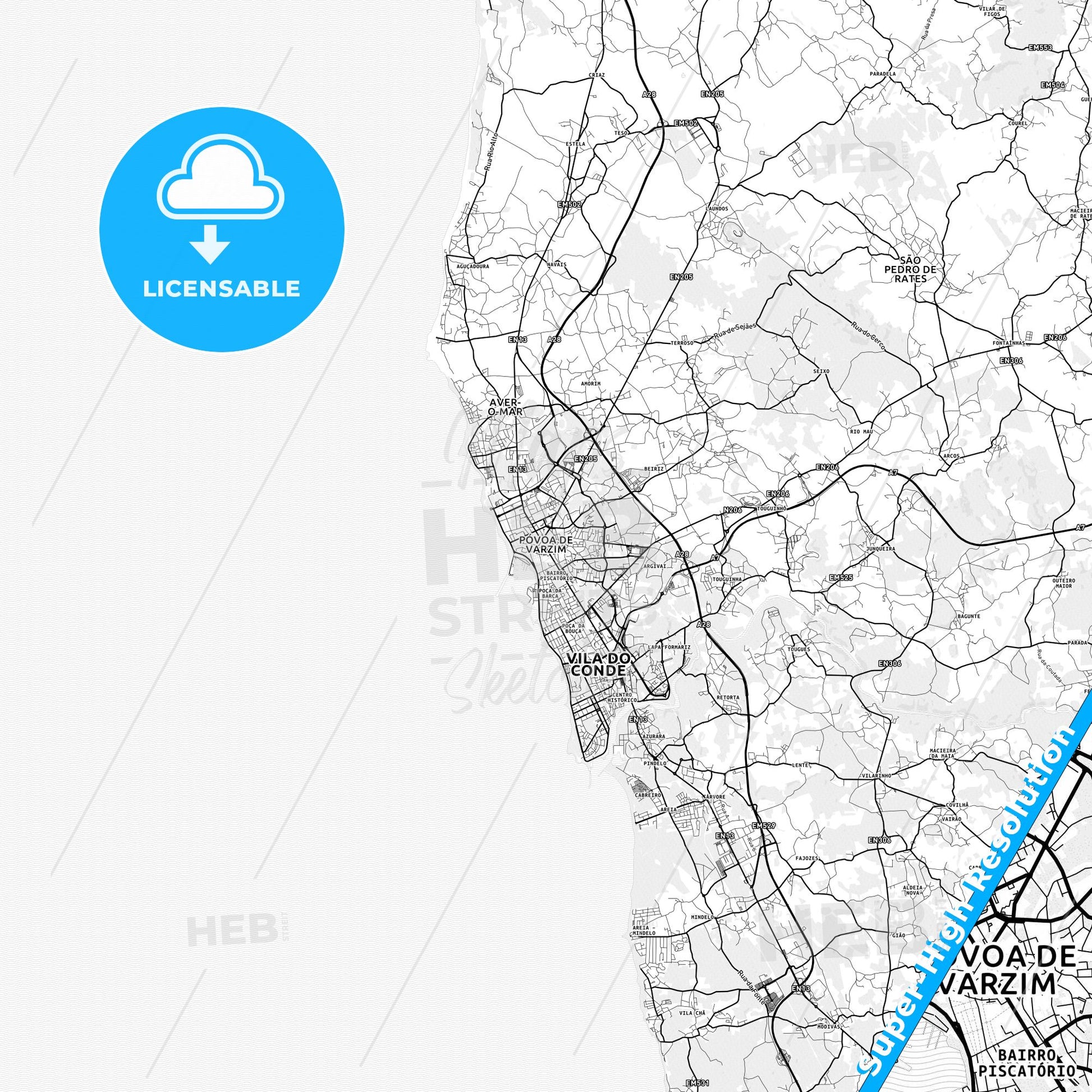 Póvoa de Varzim, Portugal light map with streetnames, citynames and districts