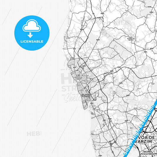 Póvoa de Varzim, Portugal light map with streetnames, citynames and districts