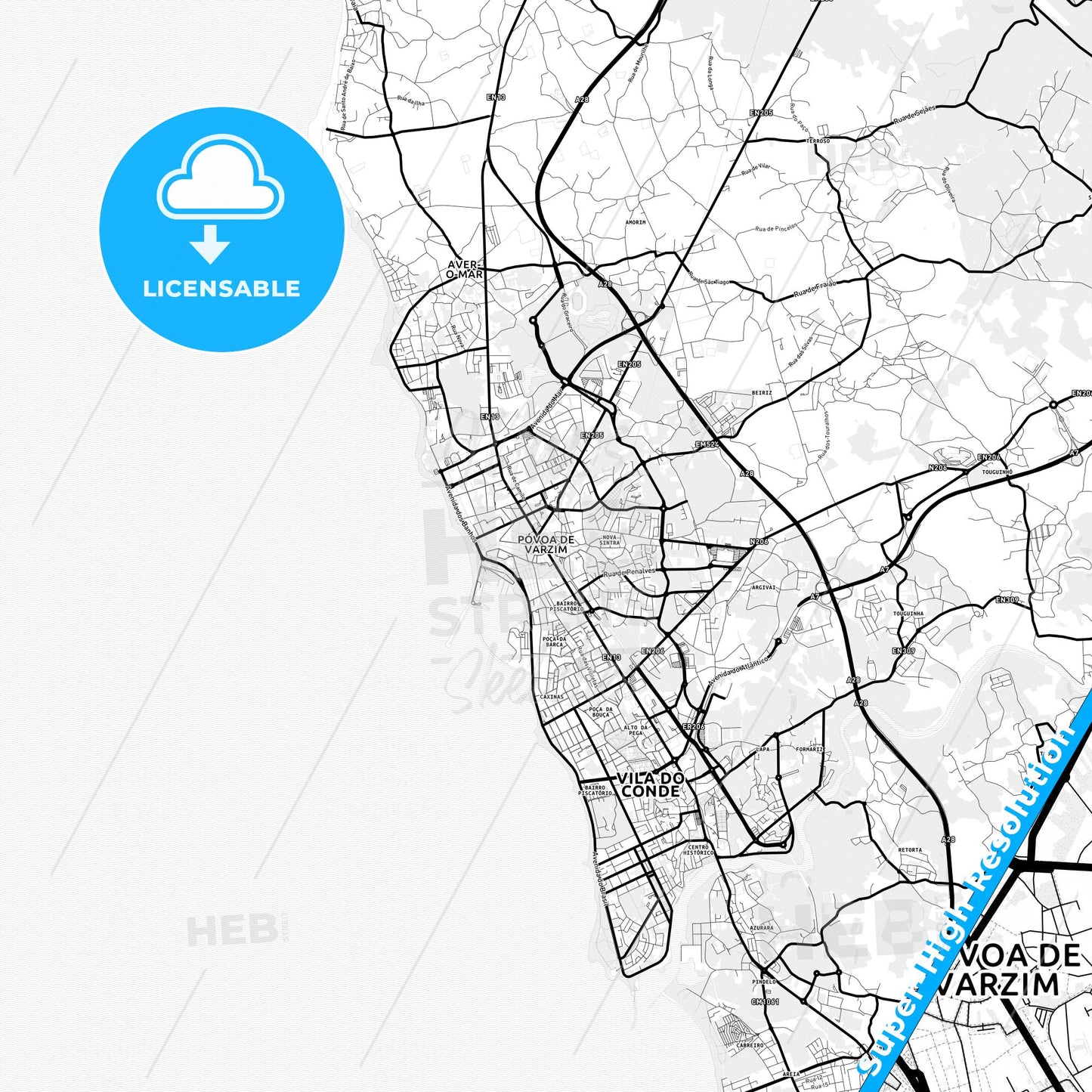 Póvoa de Varzim, Portugal Light Map with Street Names, City Names, and Districts