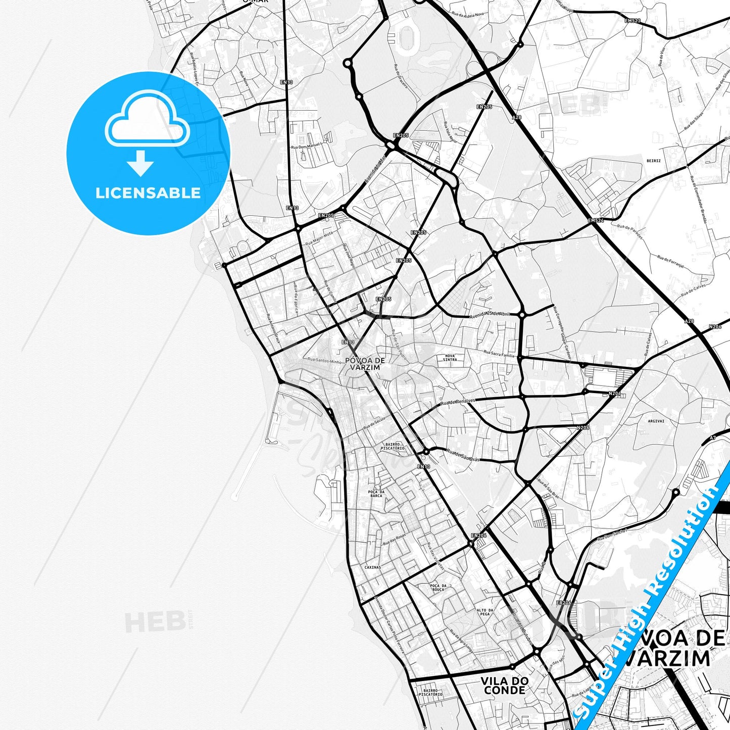 Póvoa de Varzim, Portugal Light Map with Street Names, City Names, and Districts