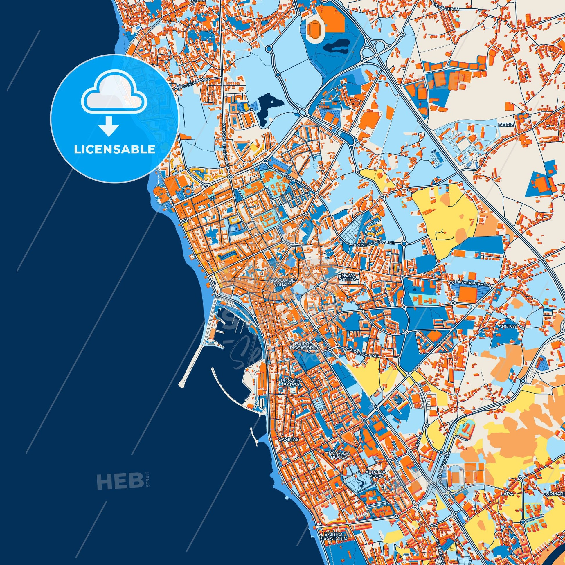 Colorful Póvoa de Varzim Street Map with Labels and Buildings