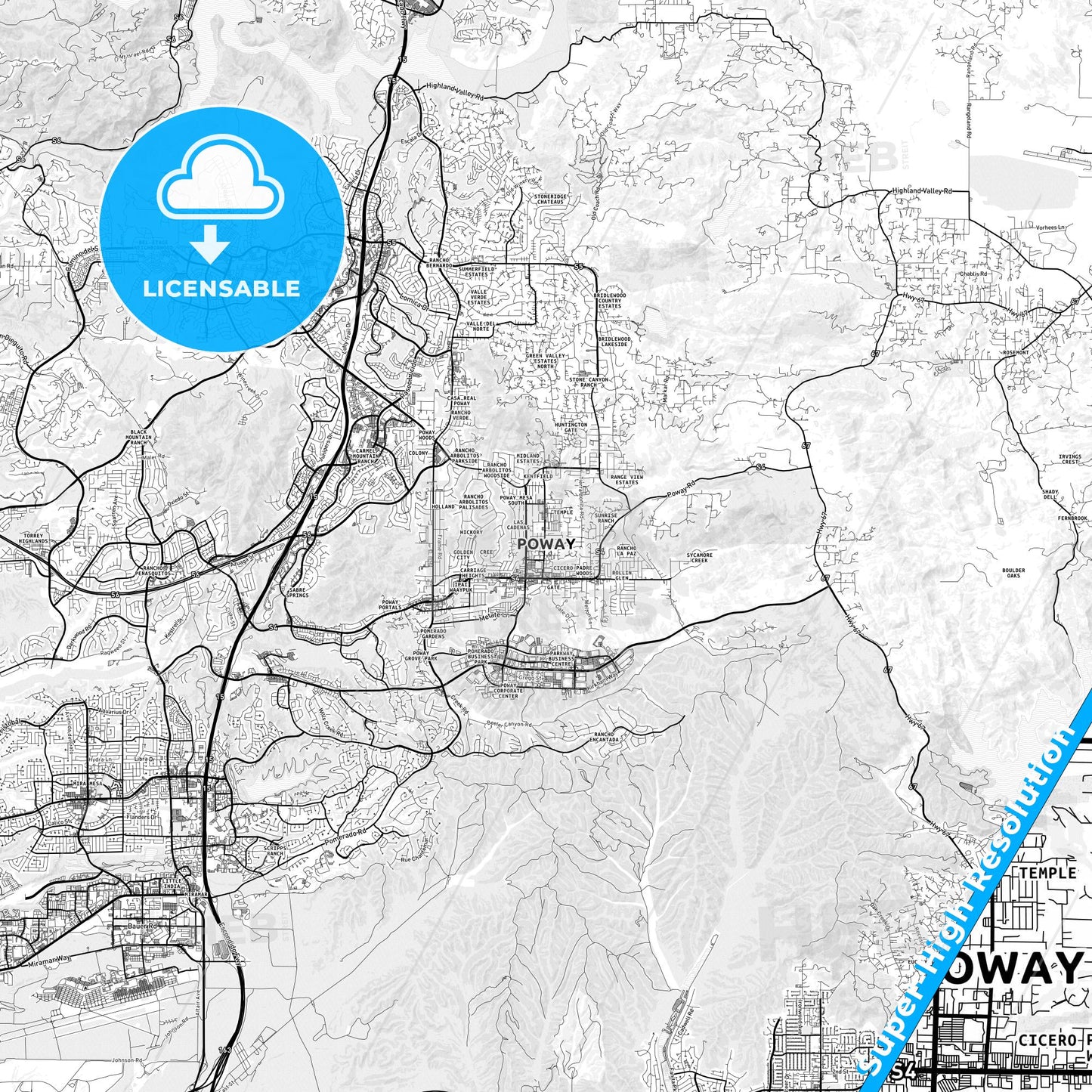 Poway, California light map with streetnames, citynames and districts