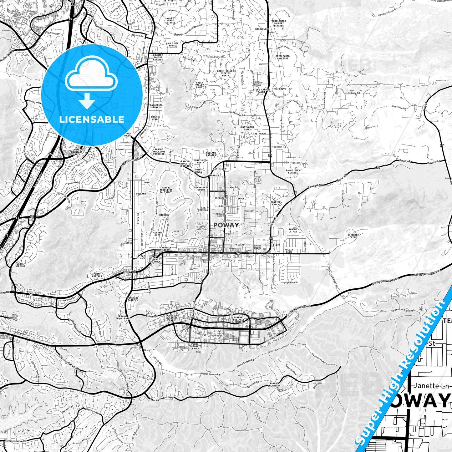 Poway, California Light Map with Street Names, City Names, and Districts