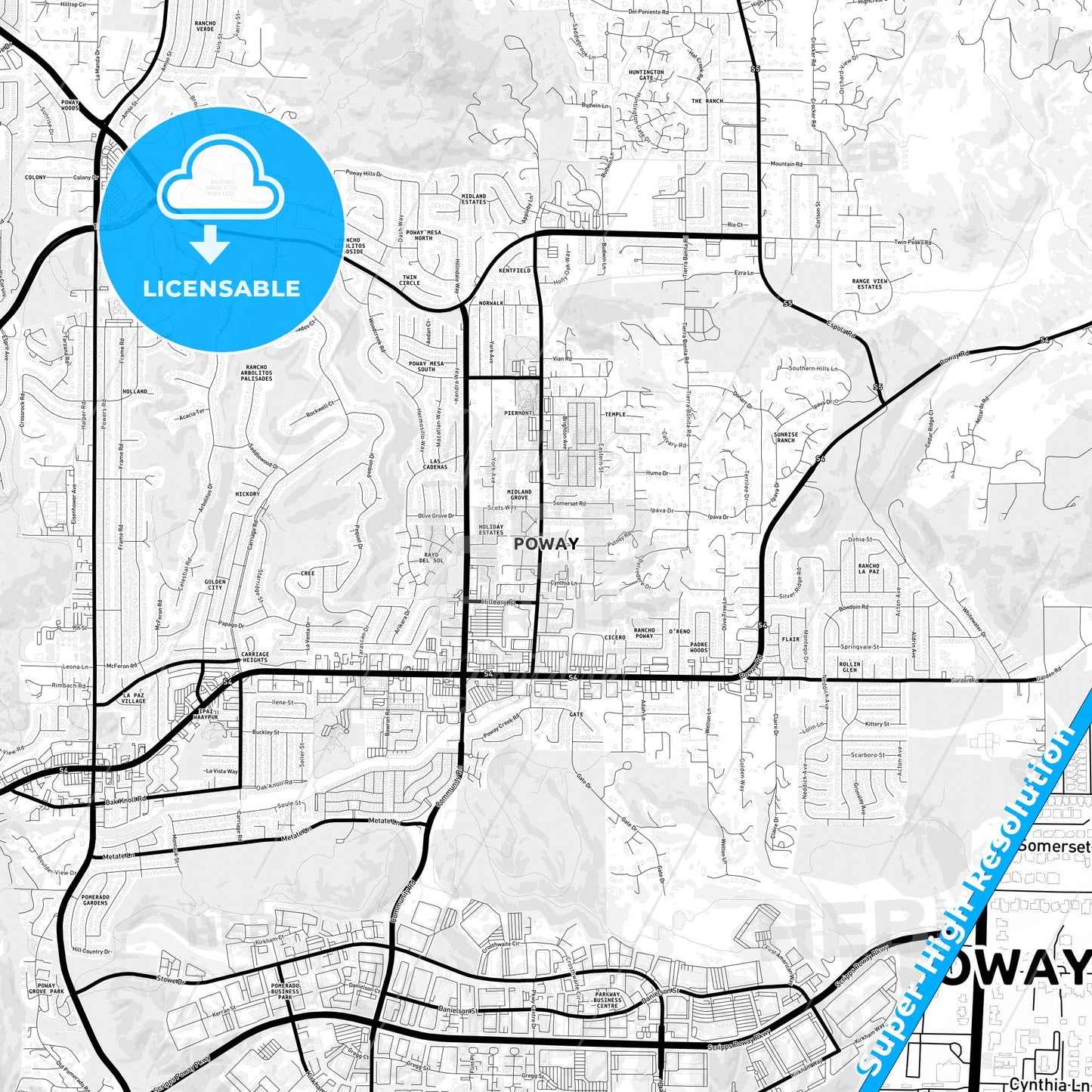 Poway, California Light Map with Street Names, City Names, and Districts