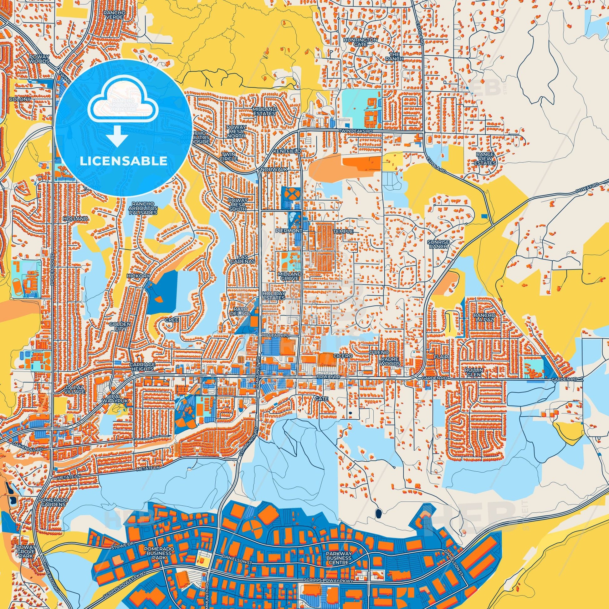 Colorful Poway Street Map with Labels and Buildings