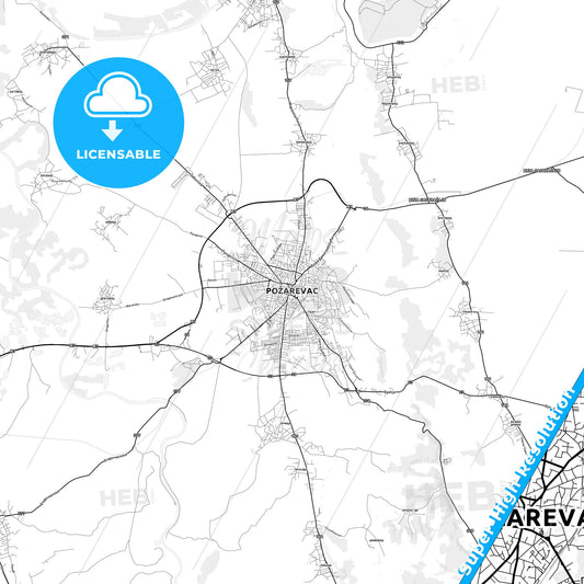 Požarevac, Serbia light map with streetnames, citynames and districts