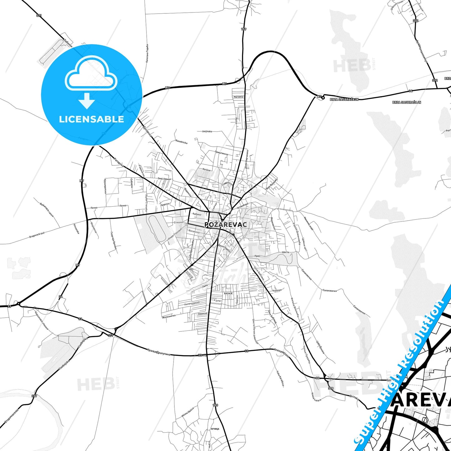 Požarevac, Serbia Light Map with Street Names, City Names, and Districts