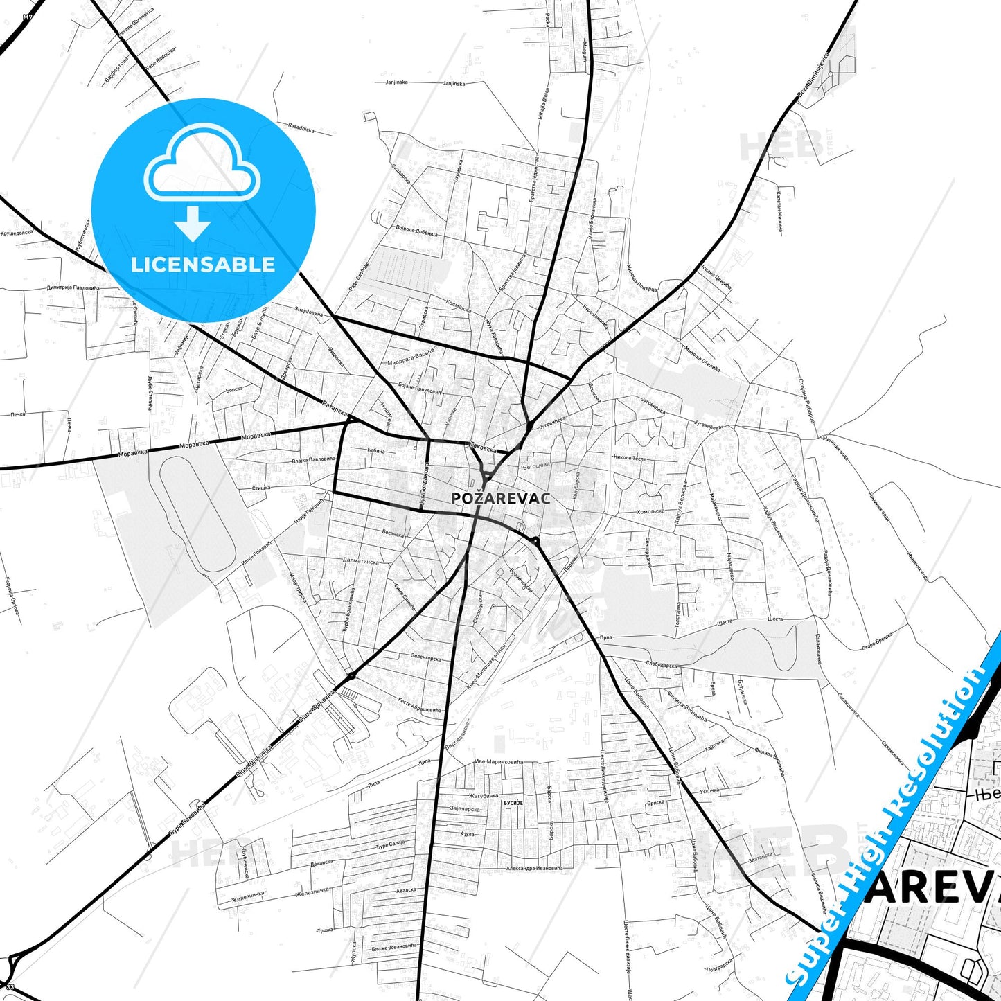 Požarevac, Serbia Light Map with Street Names, City Names, and Districts