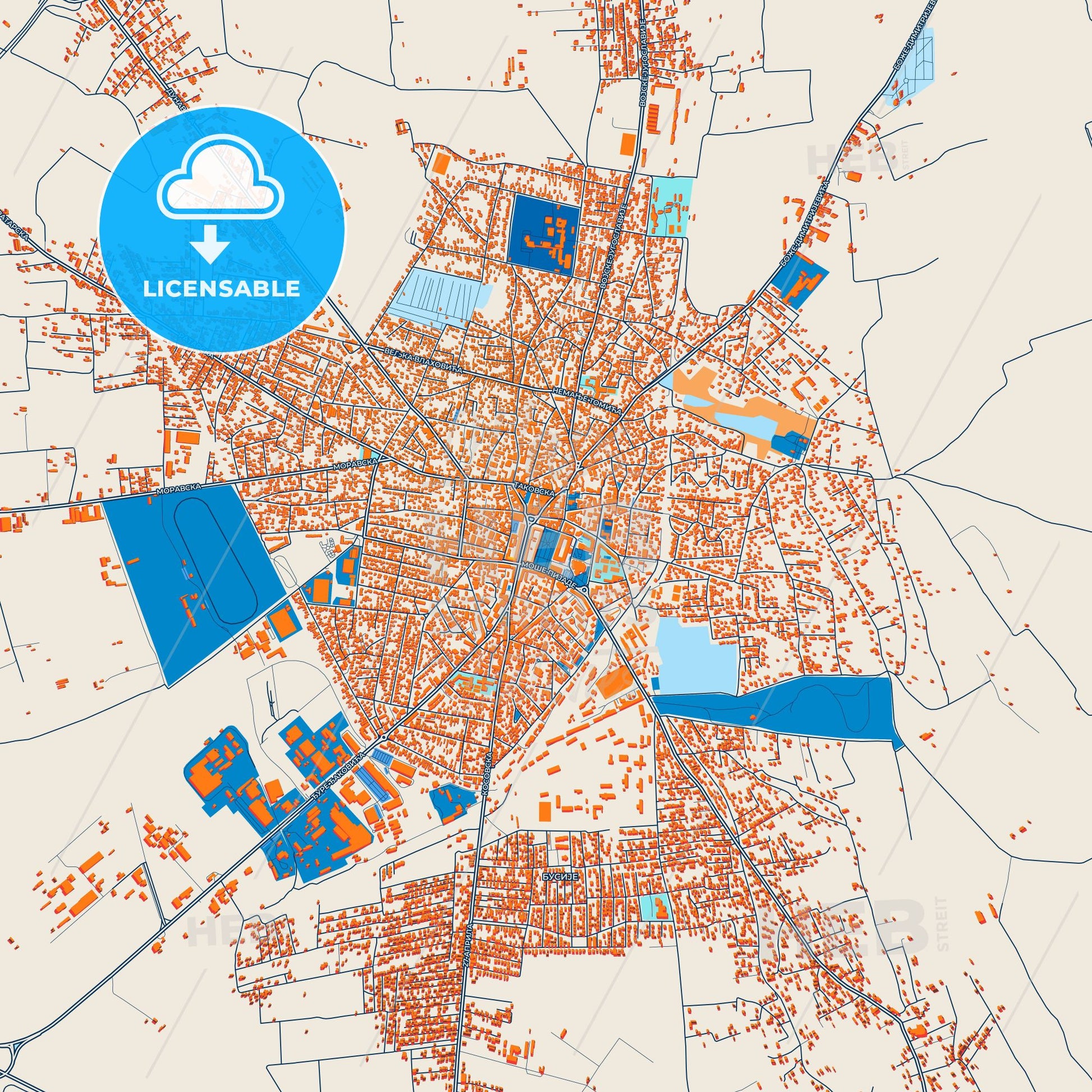 Colorful Požarevac Street Map with Labels and Buildings