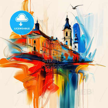 Vibrant Poznań, Poland - A Painting Of A Building With A Bird Flying