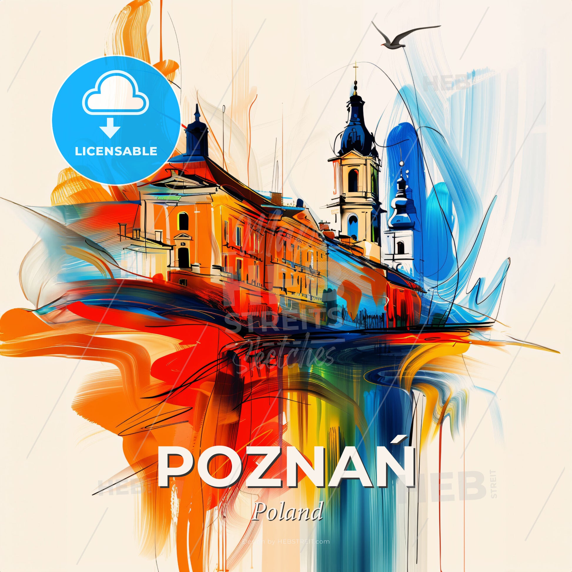 Vibrant Poznań, Poland - A Painting Of A Building With A Bird Flying - Square format print template