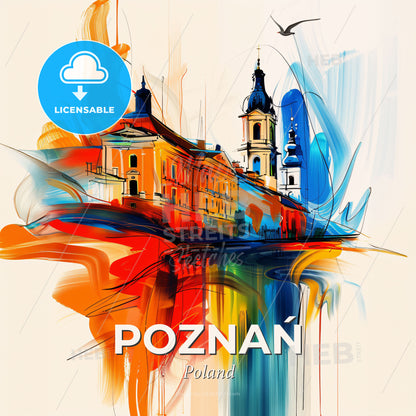Vibrant Poznań, Poland - A Painting Of A Building With A Bird Flying - Square format print template