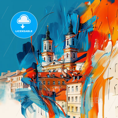 Vibrant Poznań, Poland - A Painting Of A Building With Towers