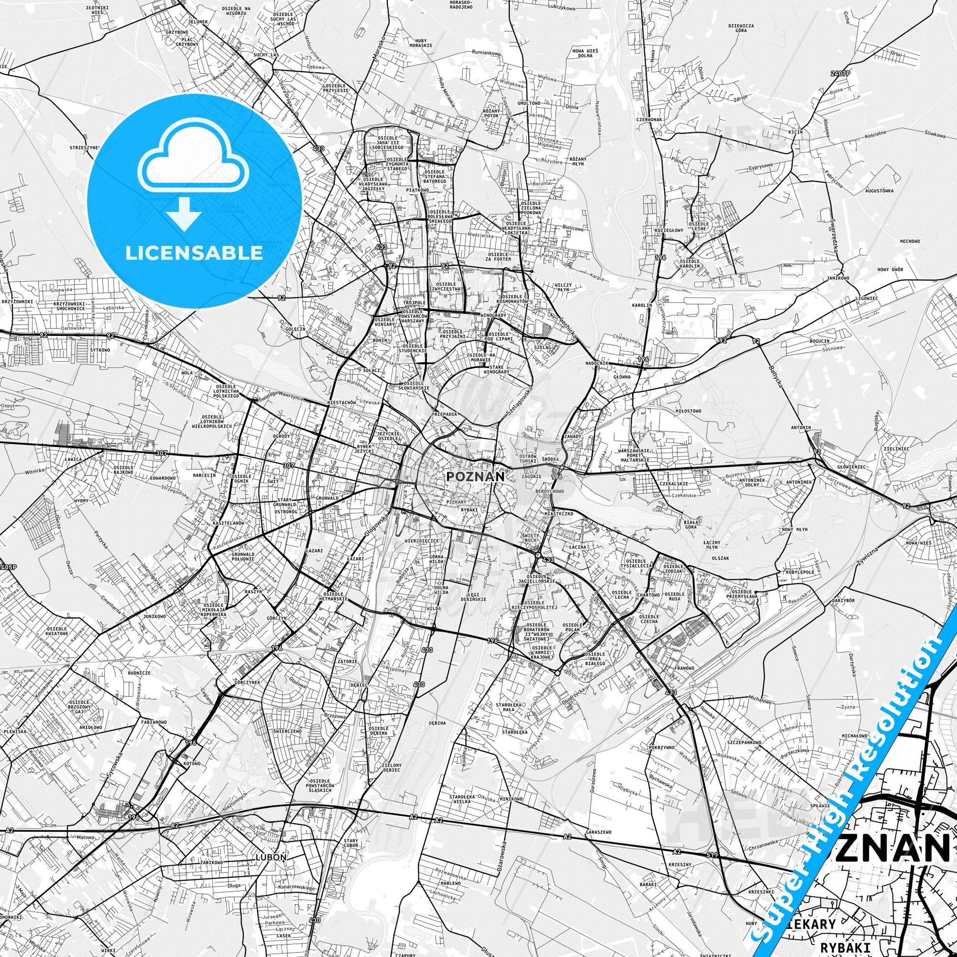 Poznań, Poland light map with streetnames, citynames and districts
