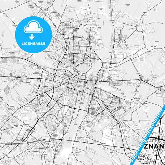 Poznań, Poland light map with streetnames, citynames and districts