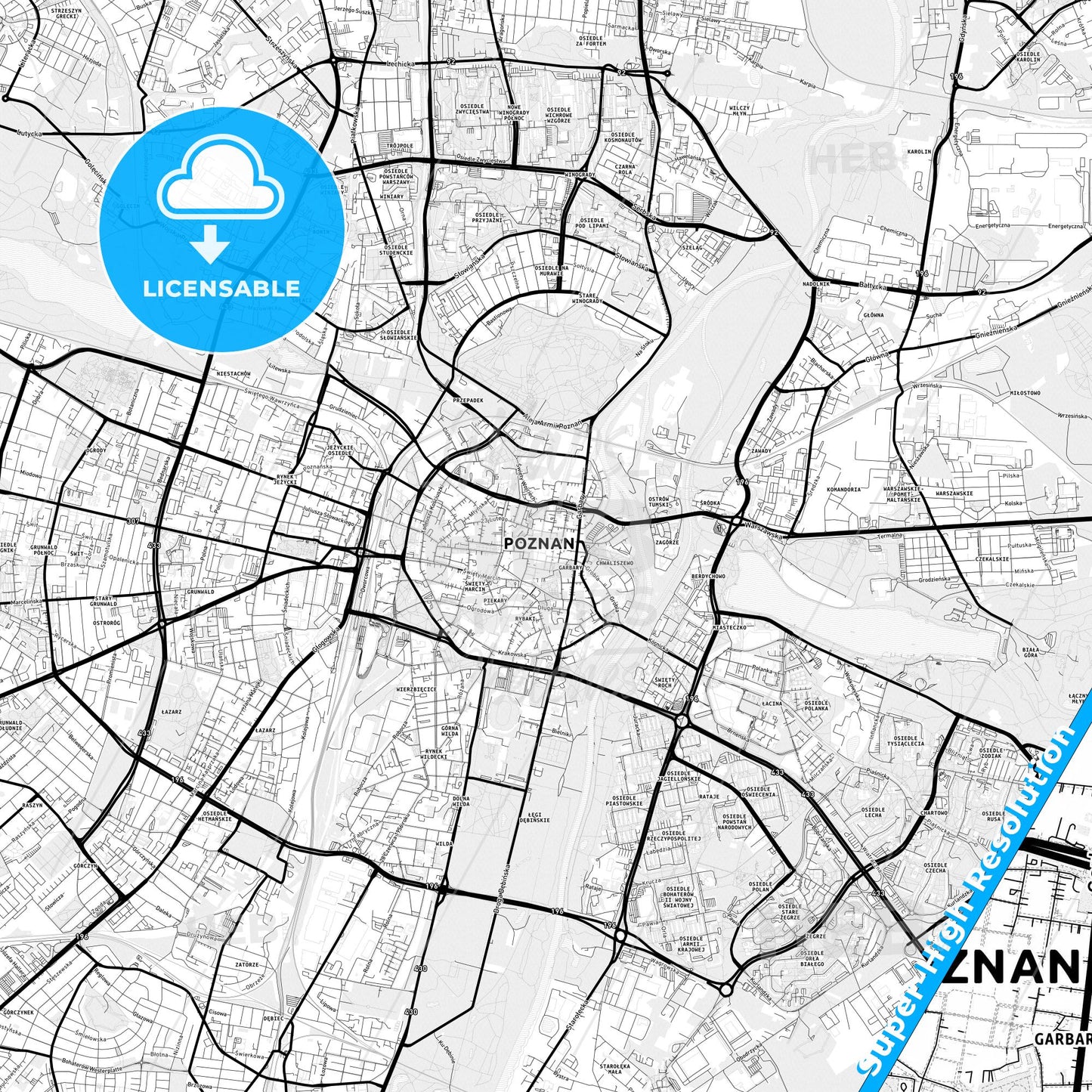 Poznań, Poland Light Map with Street Names, City Names, and Districts