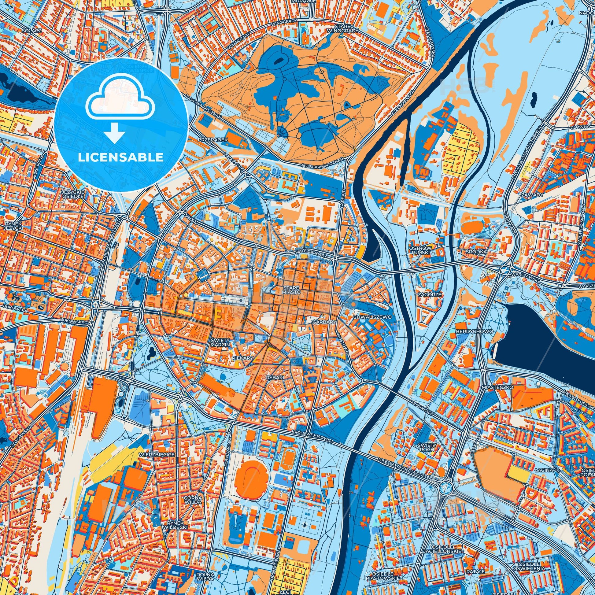 Colorful Poznań Street Map with Labels and Buildings