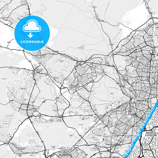 Pozuelo de Alarcón, Spain light map with streetnames, citynames and districts