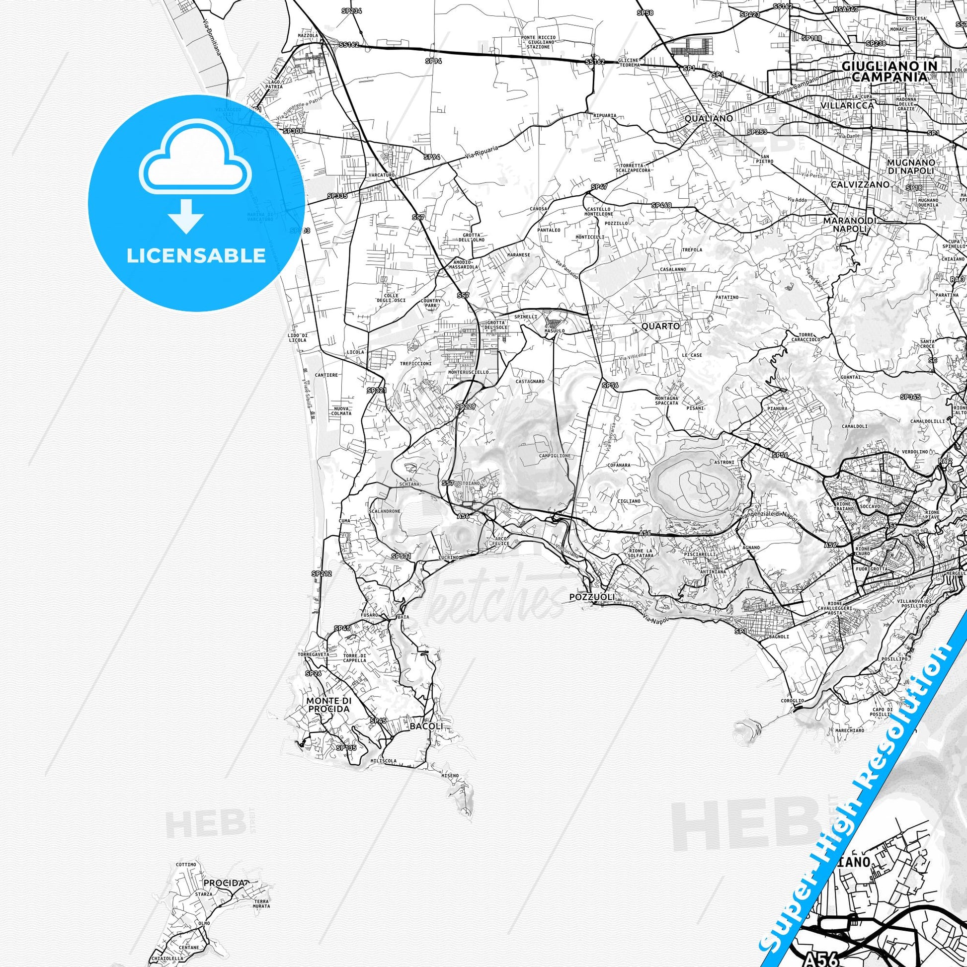 Pozzuoli, Italy light map with streetnames, citynames and districts